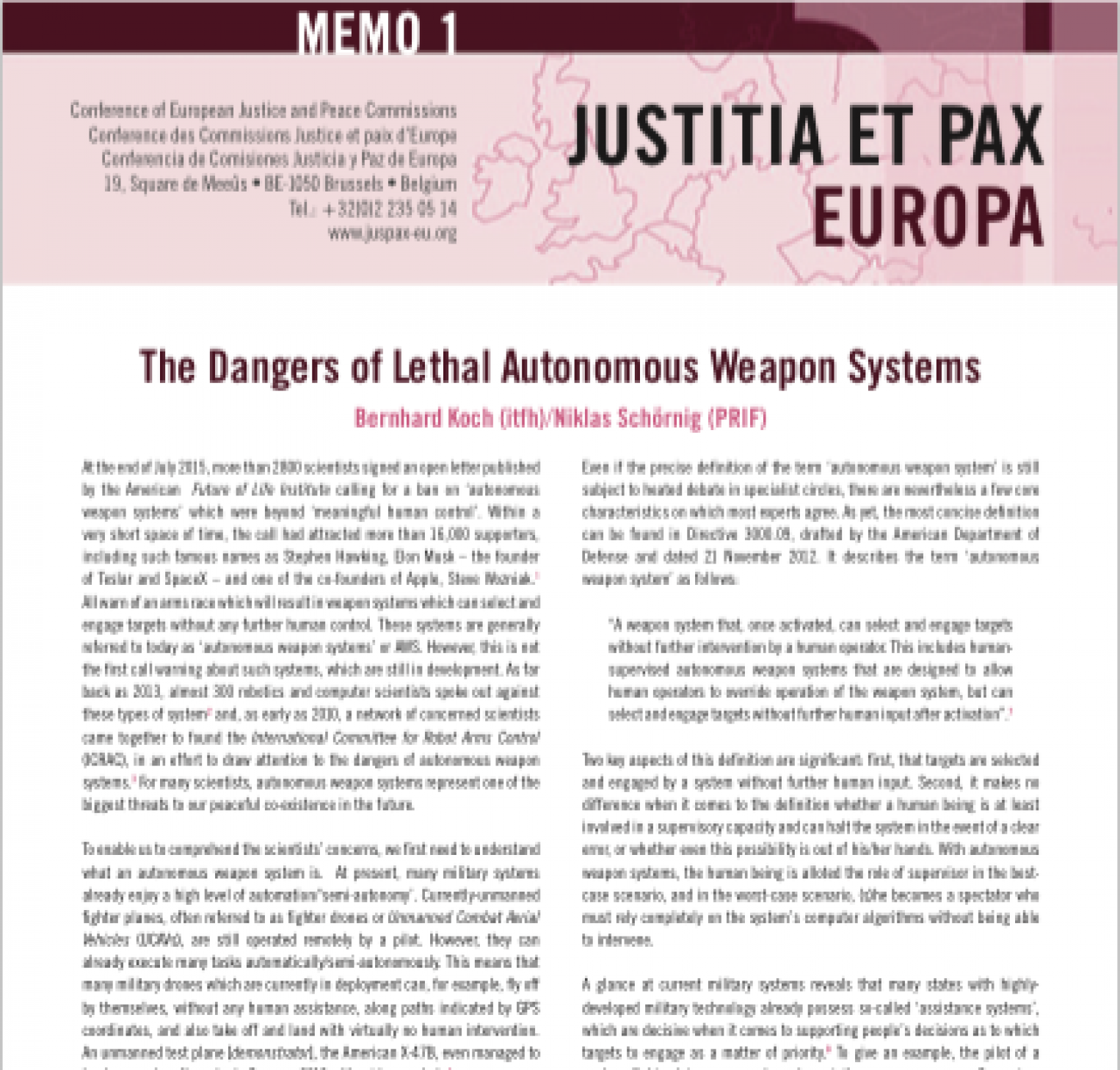 Memorandum on "The Dangers of Lethal Autonomous Weapon Systems"