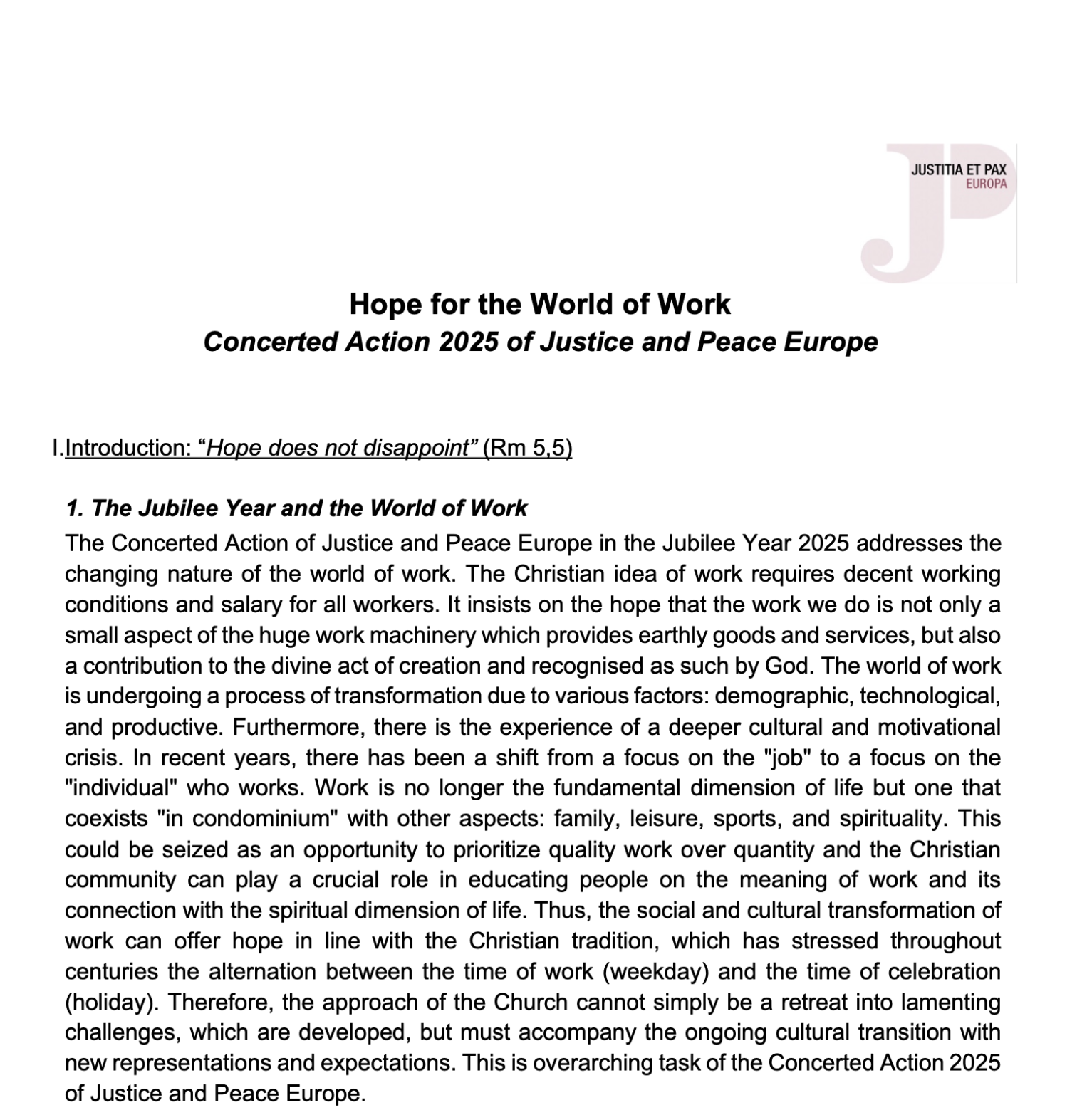 Hope for the World of Work: Concerted Action 2025 of Justice and Peace Europe